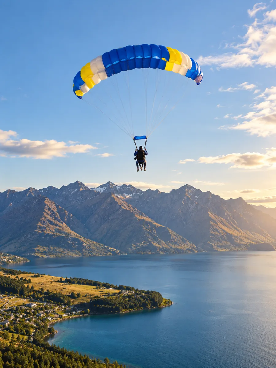 Un parachute tandem au-dessus du lac Wakatipu et des Remarkables par un après-midi ensoleillé