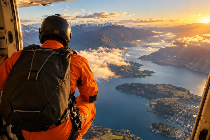 Ein Springer im orangefarbenen Overall an der Flugzeugtür